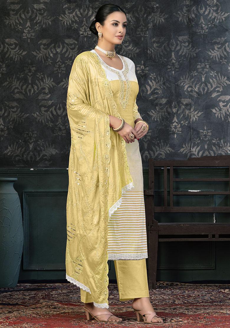 Yellow Striped Cotton Dress Material