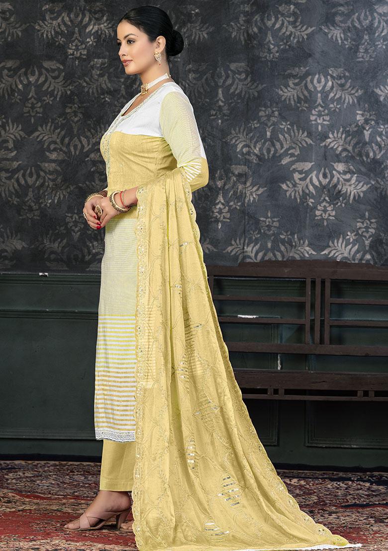 Yellow Striped Cotton Dress Material