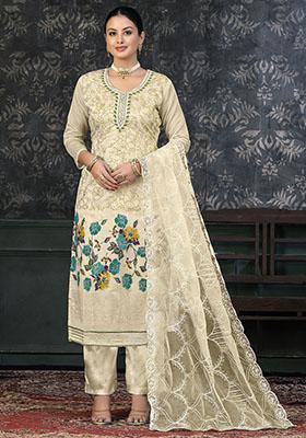 Cream Printed Modal Dress Material
