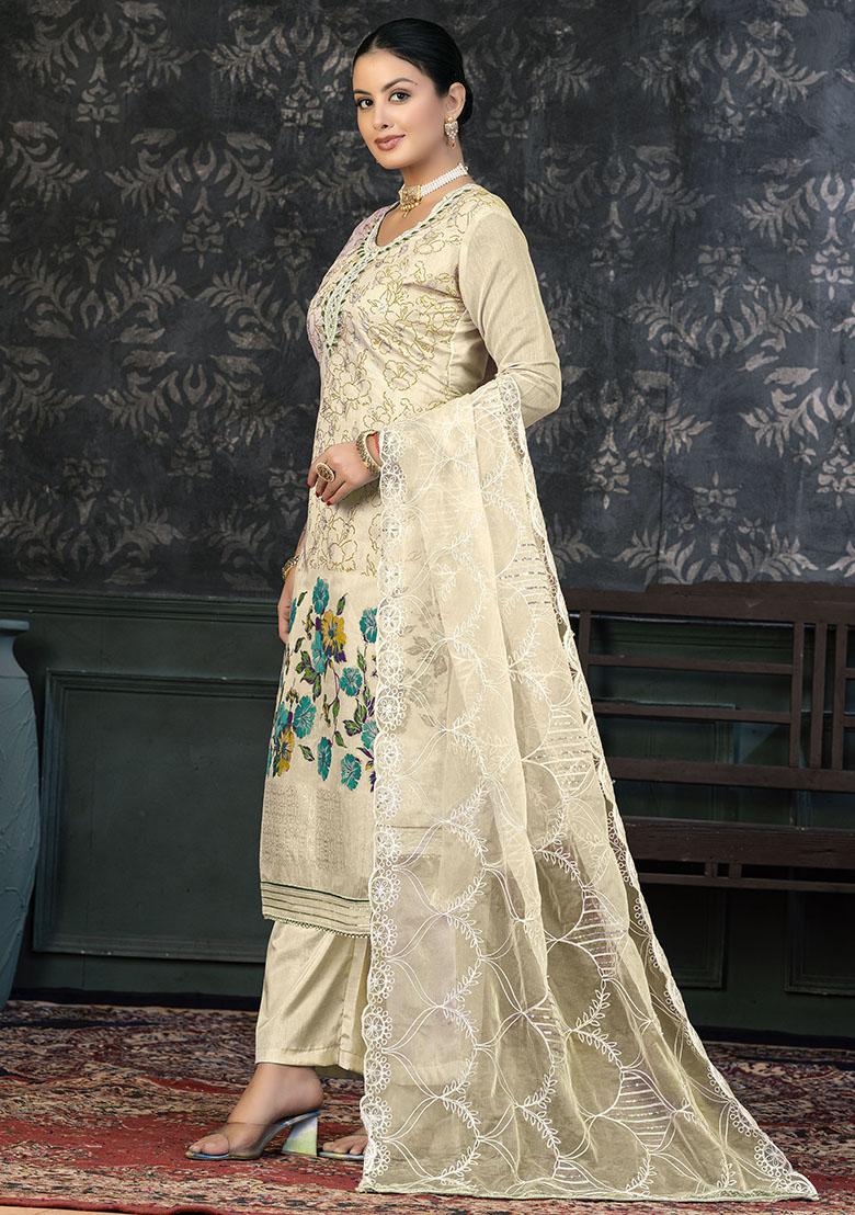 Cream Printed Modal Dress Material