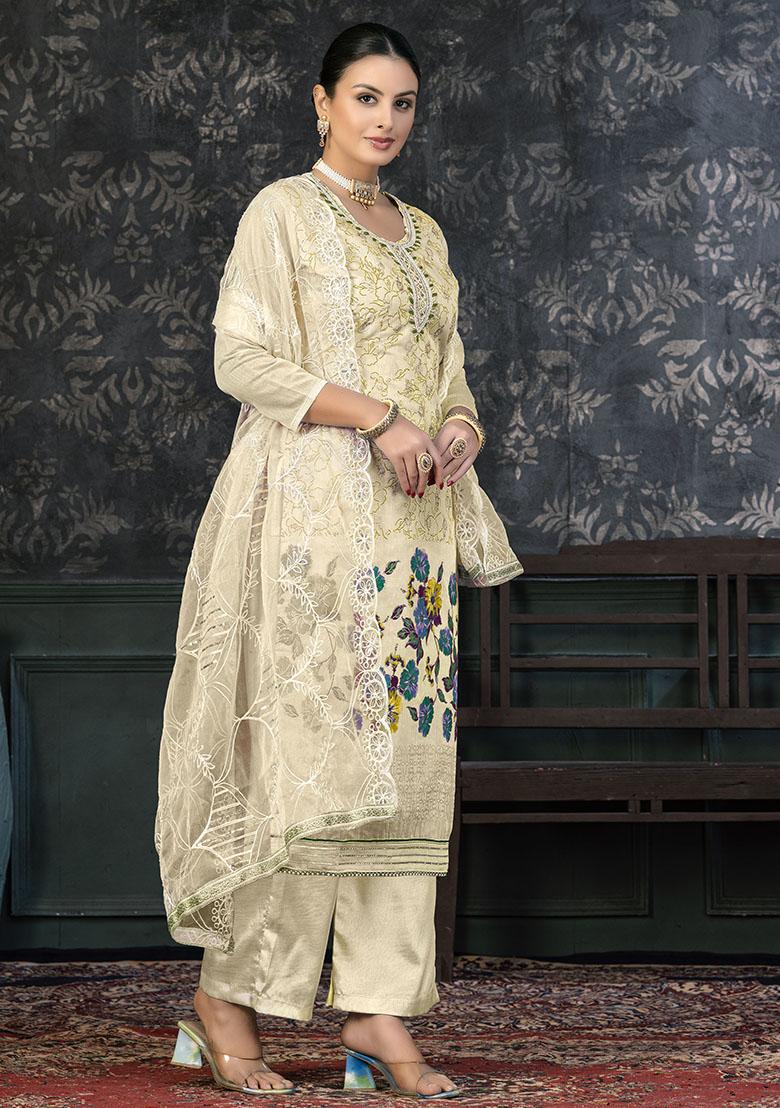 Cream Printed Modal Dress Material