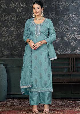 Frozi Blue Striped Cotton Dress Material