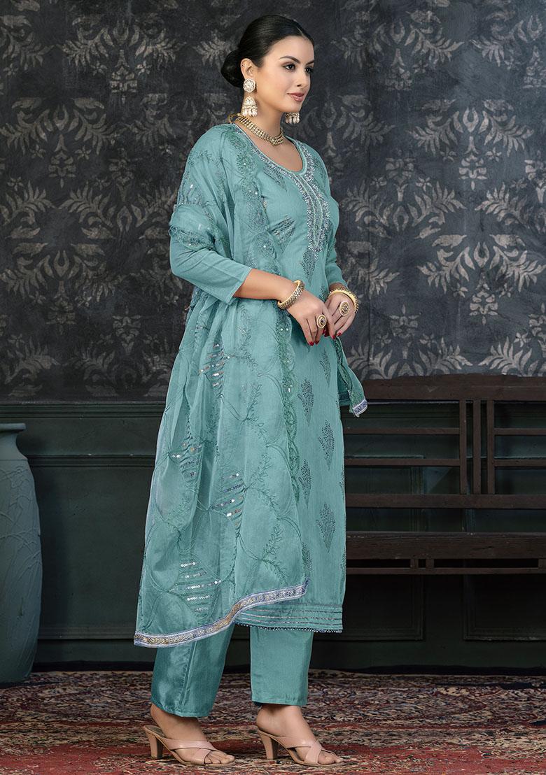 Frozi Blue Striped Cotton Dress Material