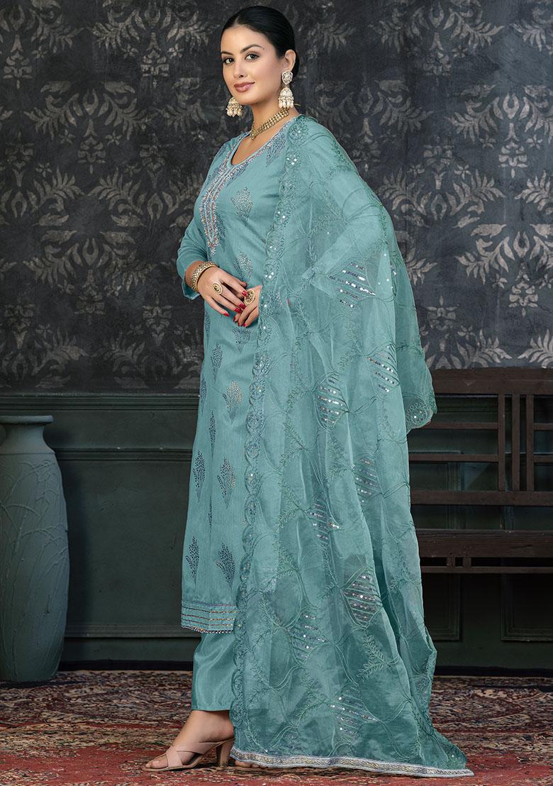 Frozi Blue Striped Cotton Dress Material