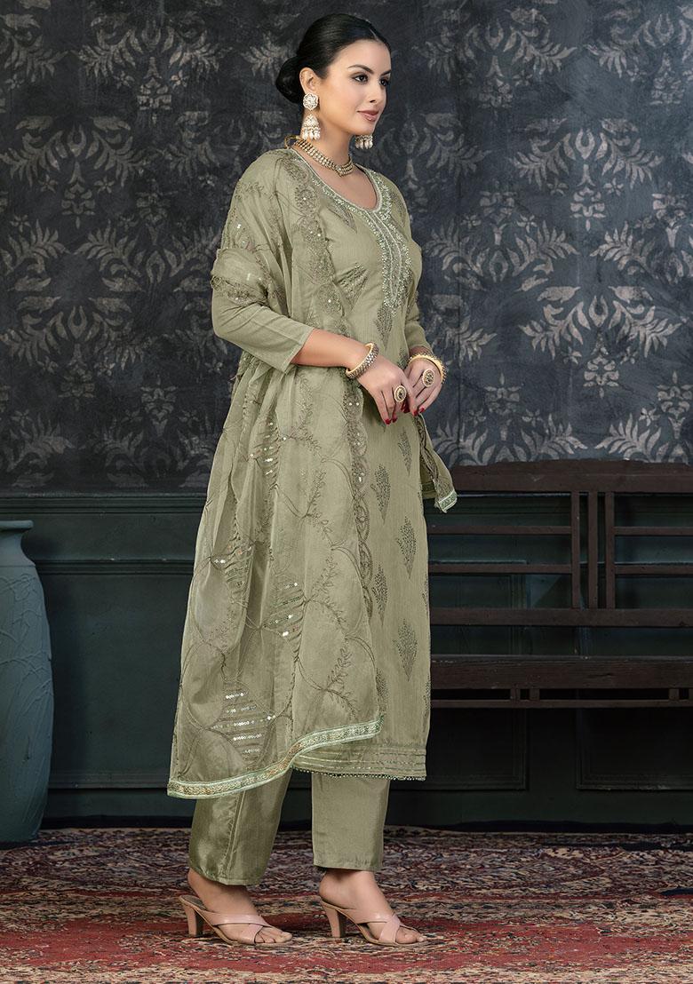 Green Striped Cotton Dress Material