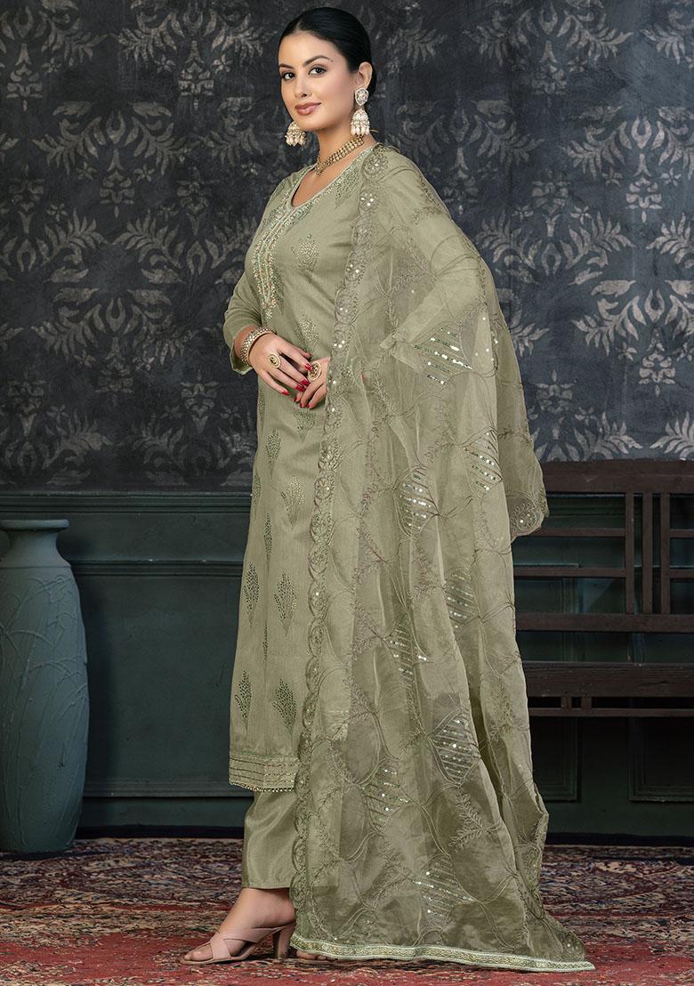 Green Striped Cotton Dress Material