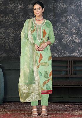 Green Striped Cotton Dress Material