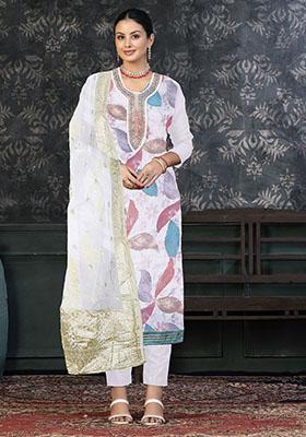 White Striped Cotton Dress Material