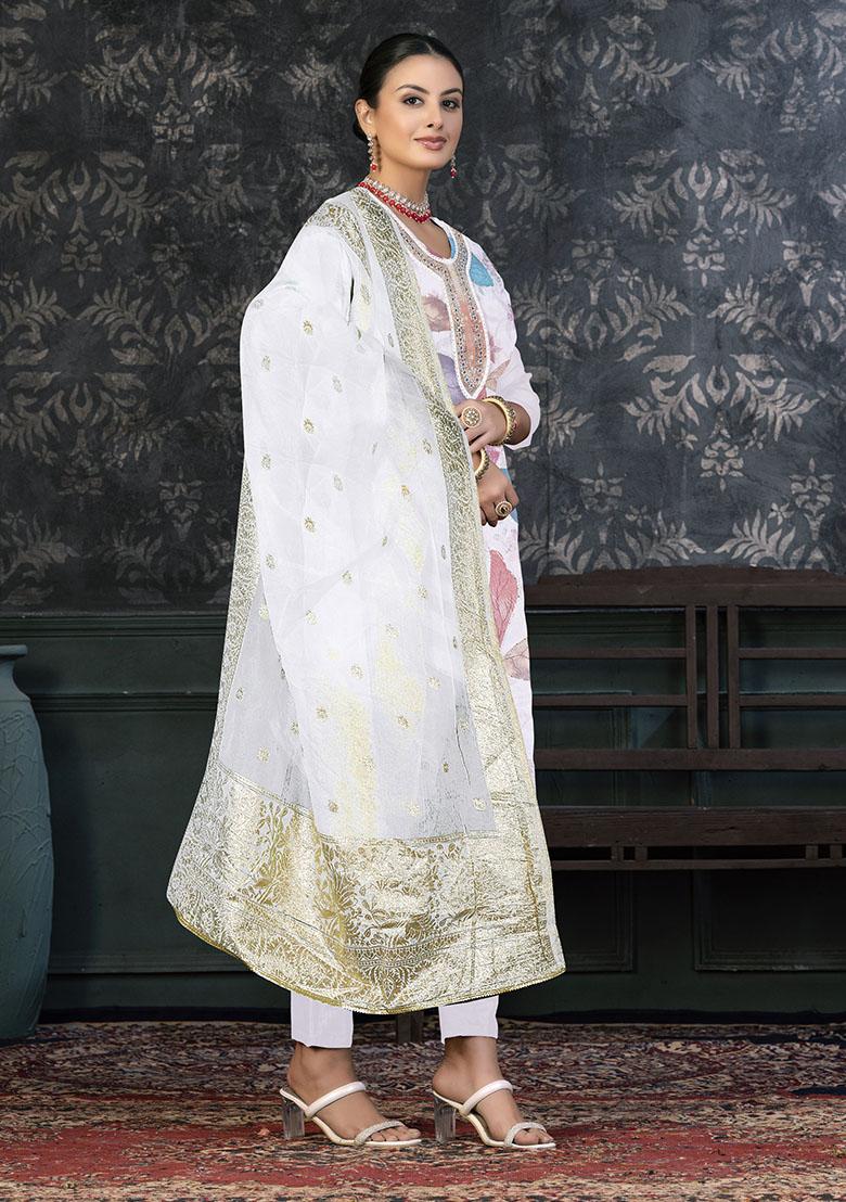 White Striped Cotton Dress Material