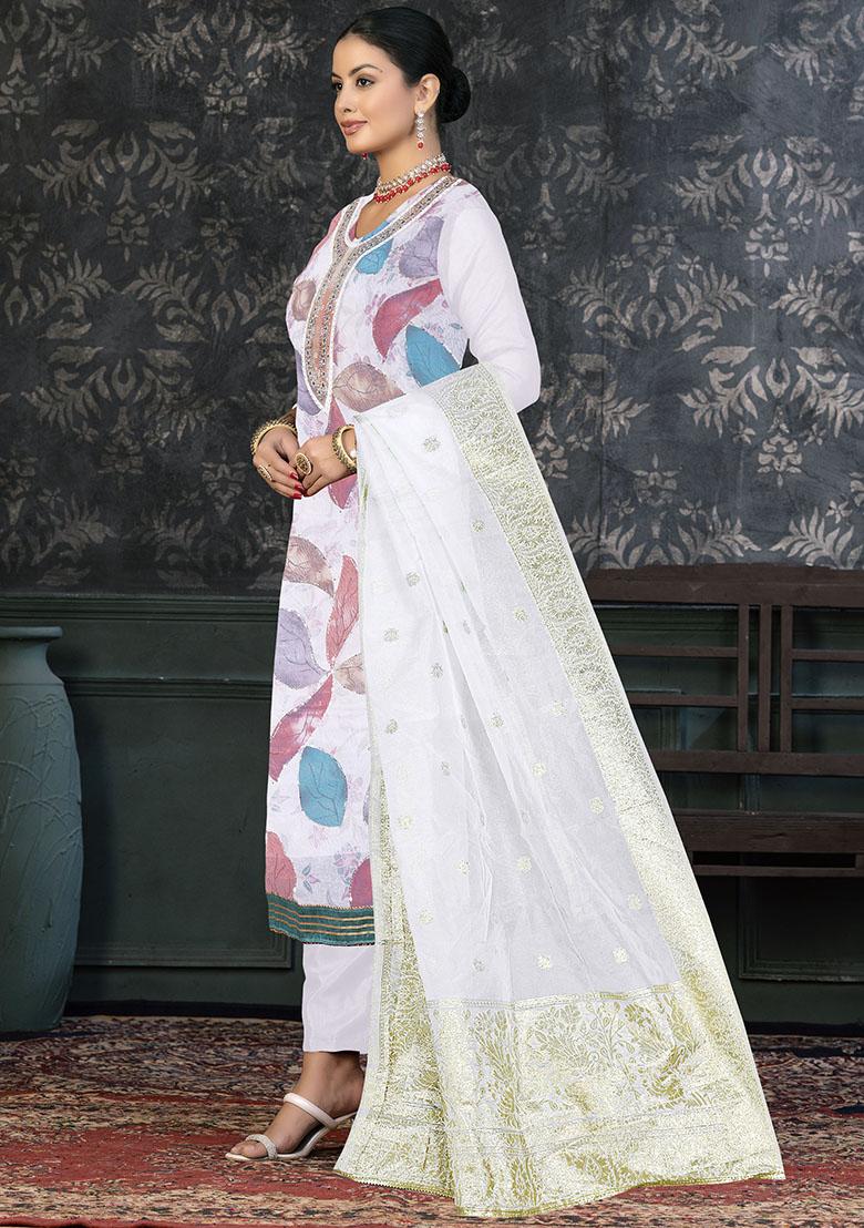 White Striped Cotton Dress Material