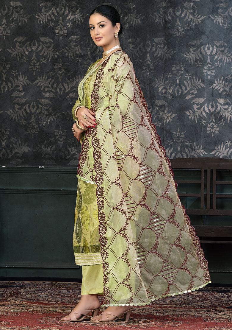 Green Embroidered Shimmer Dress Material