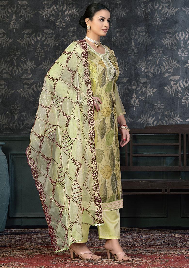 Green Embroidered Shimmer Dress Material