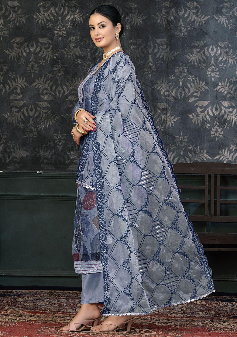Grey Embroidered Shimmer Dress Material