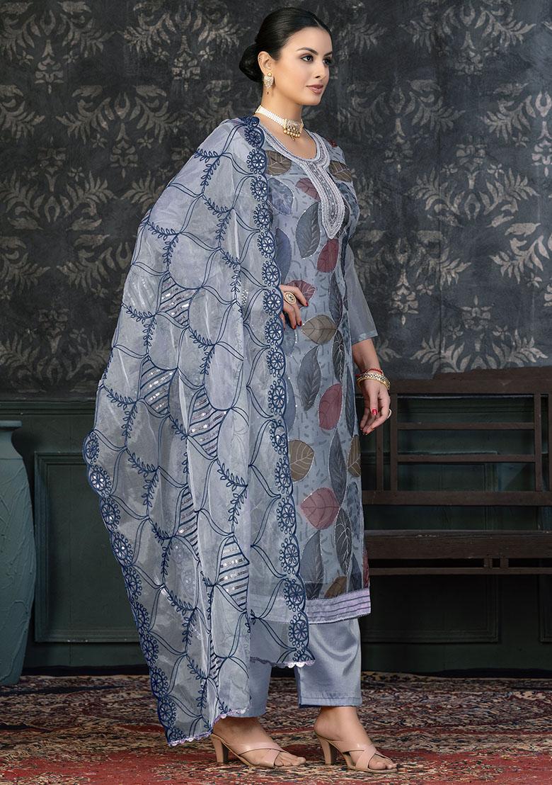 Grey Embroidered Shimmer Dress Material