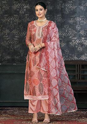 Peach Embroidered Shimmer Dress Material