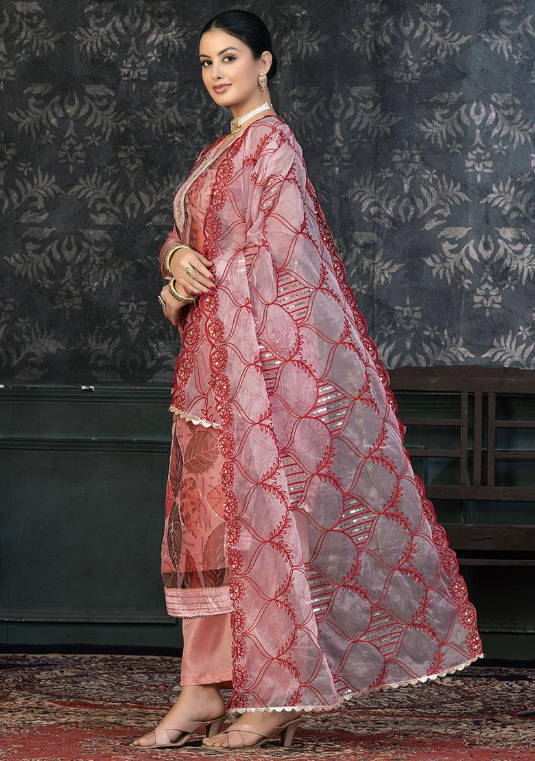 Peach Embroidered Shimmer Dress Material