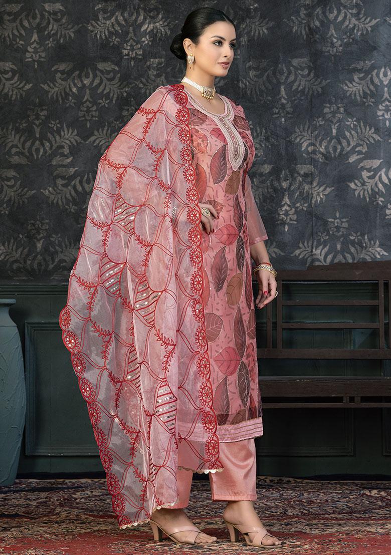 Peach Embroidered Shimmer Dress Material