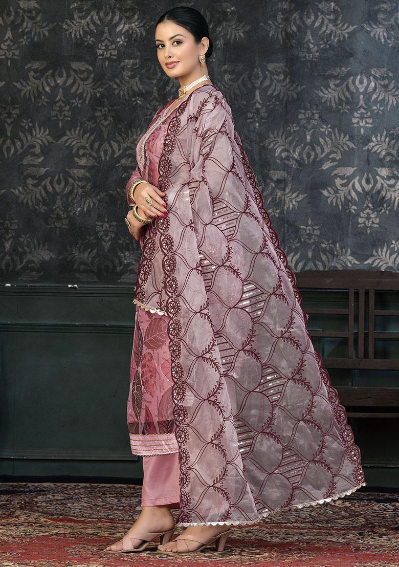 Pink Embroidered Shimmer Dress Material