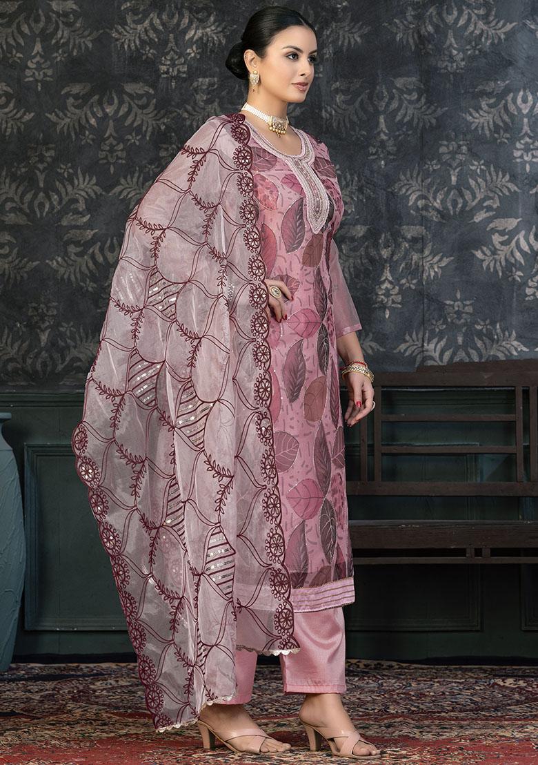 Pink Embroidered Shimmer Dress Material