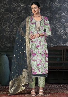 Green Embroidered Cotton Dress Material