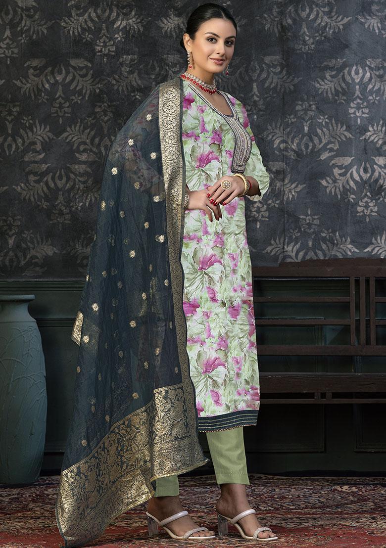 Green Embroidered Cotton Dress Material