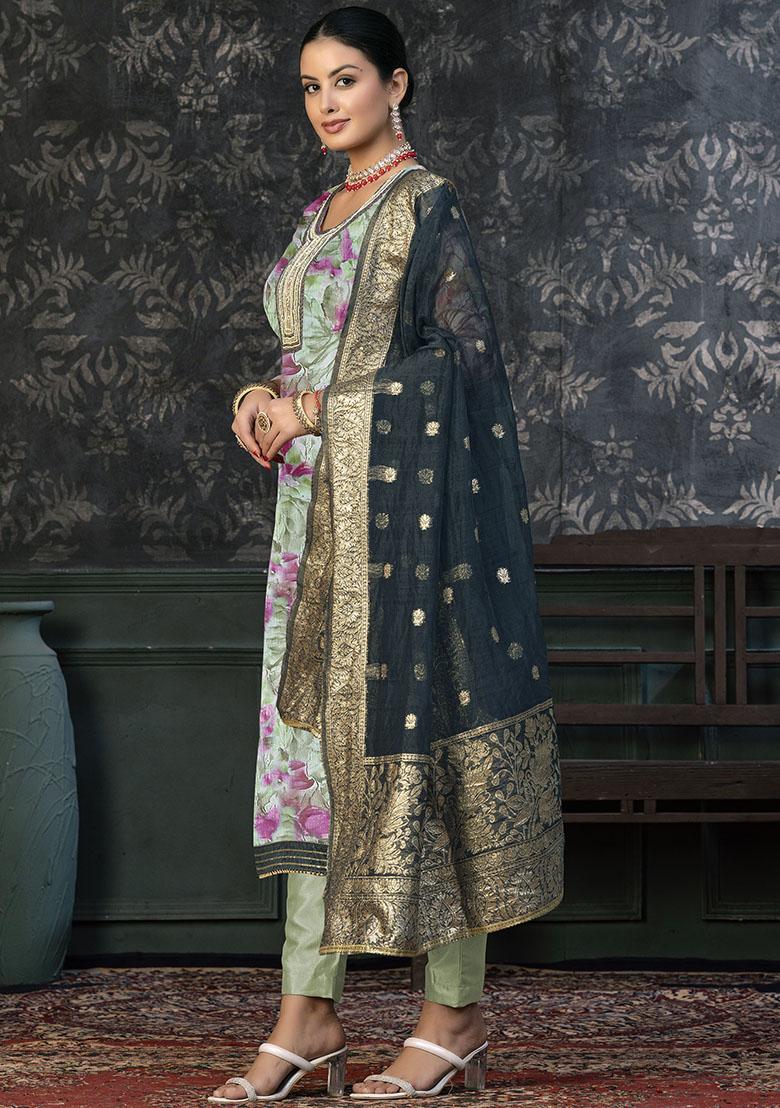 Green Embroidered Cotton Dress Material