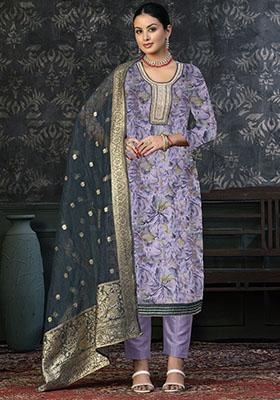 Lavender Embroidered Cotton Dress Material