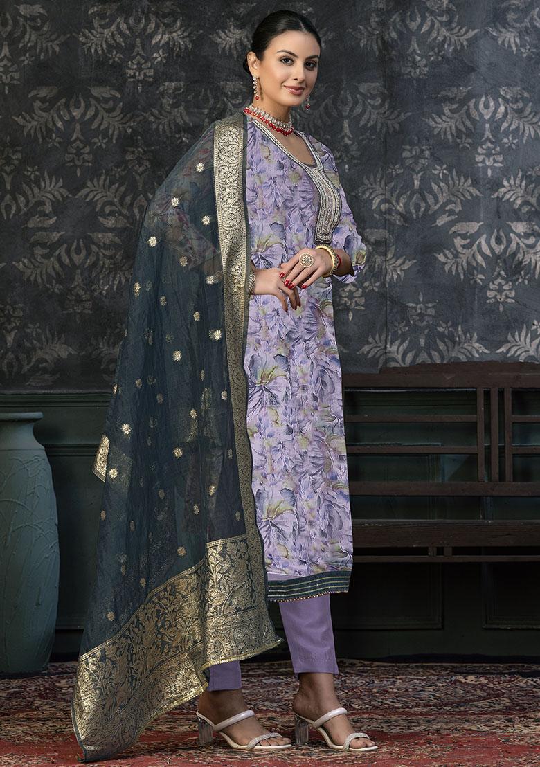 Lavender Embroidered Cotton Dress Material