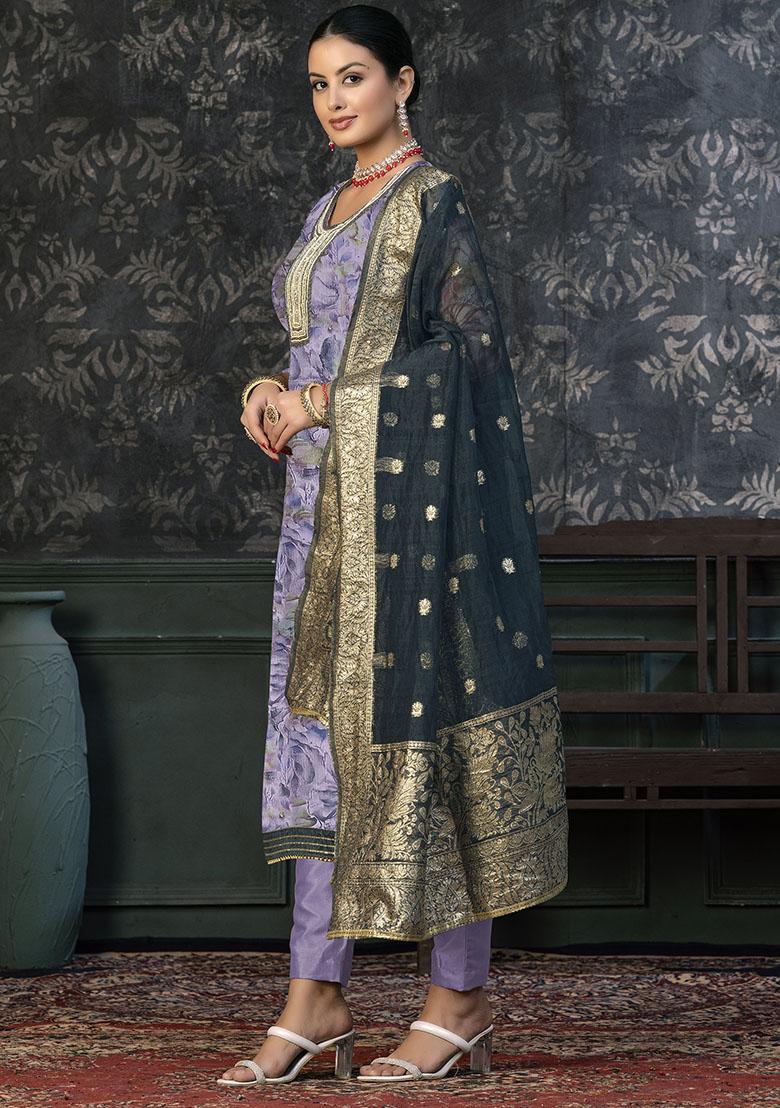 Lavender Embroidered Cotton Dress Material