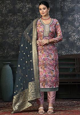 Pink Embroidered Cotton Dress Material