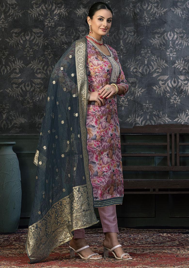 Pink Embroidered Cotton Dress Material