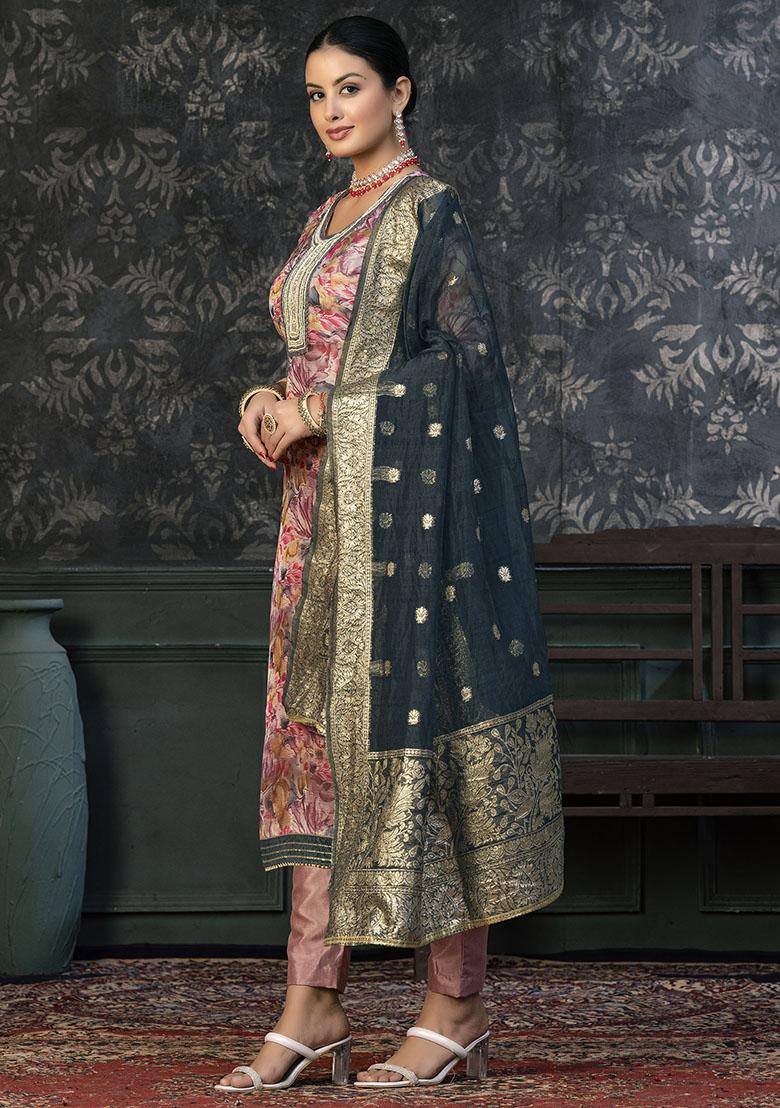 Pink Embroidered Cotton Dress Material