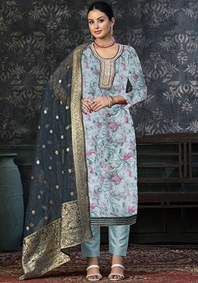 Sky Blue Embroidered Cotton Dress Material