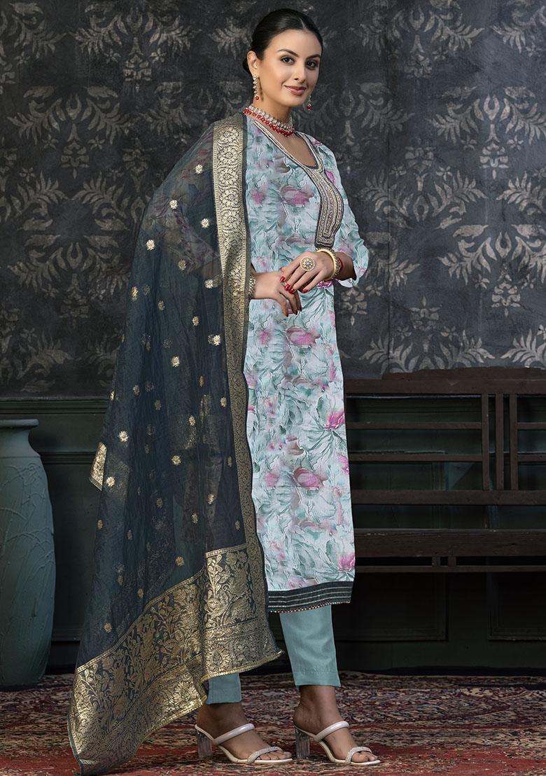 Sky Blue Embroidered Cotton Dress Material