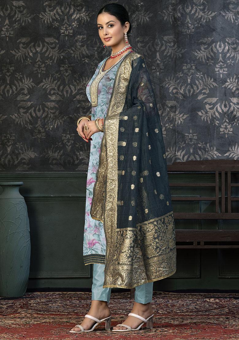 Sky Blue Embroidered Cotton Dress Material