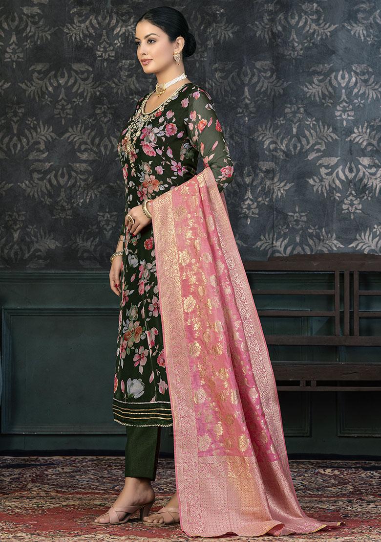 Green Striped Cotton Dress Material