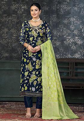 Navy Blue Striped Cotton Dress Material