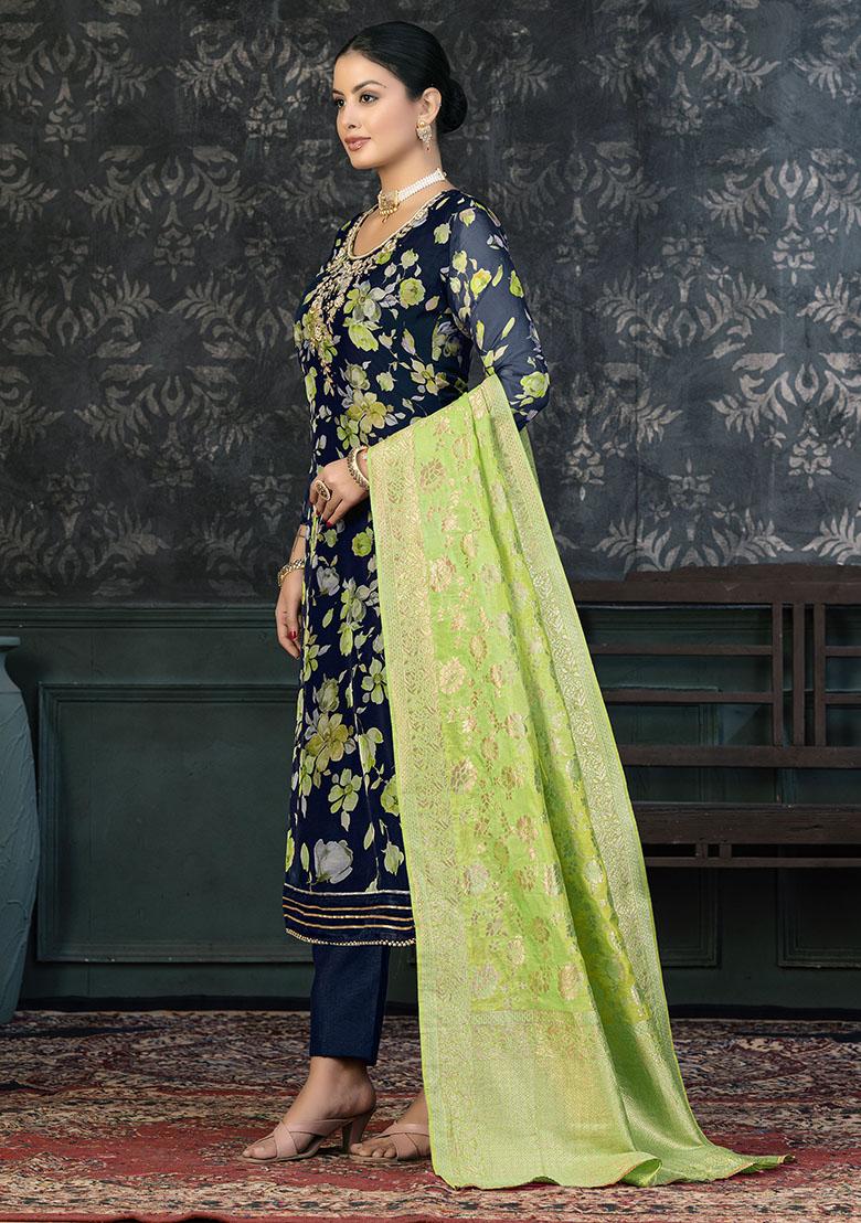 Navy Blue Striped Cotton Dress Material