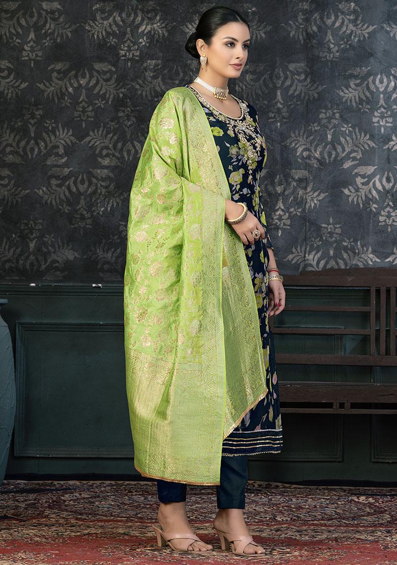 Navy Blue Striped Cotton Dress Material