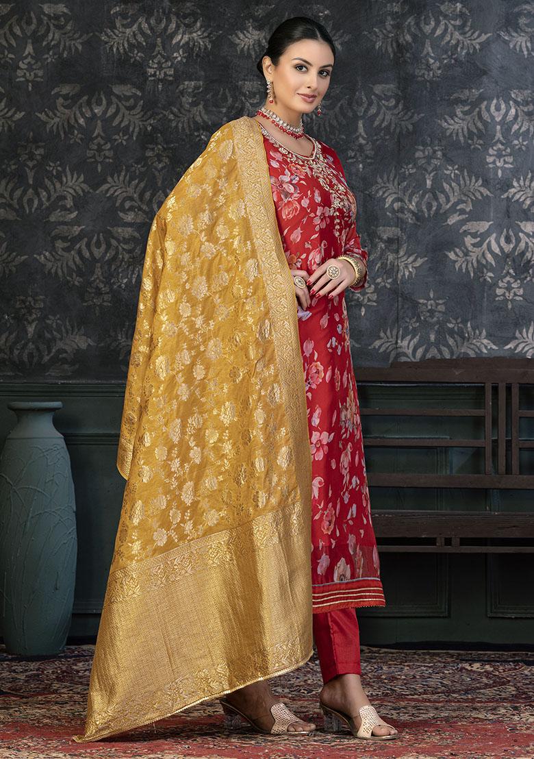 Red Striped Cotton Dress Material