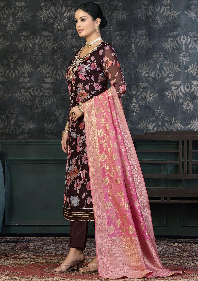 Wine Striped Cotton Dress Material