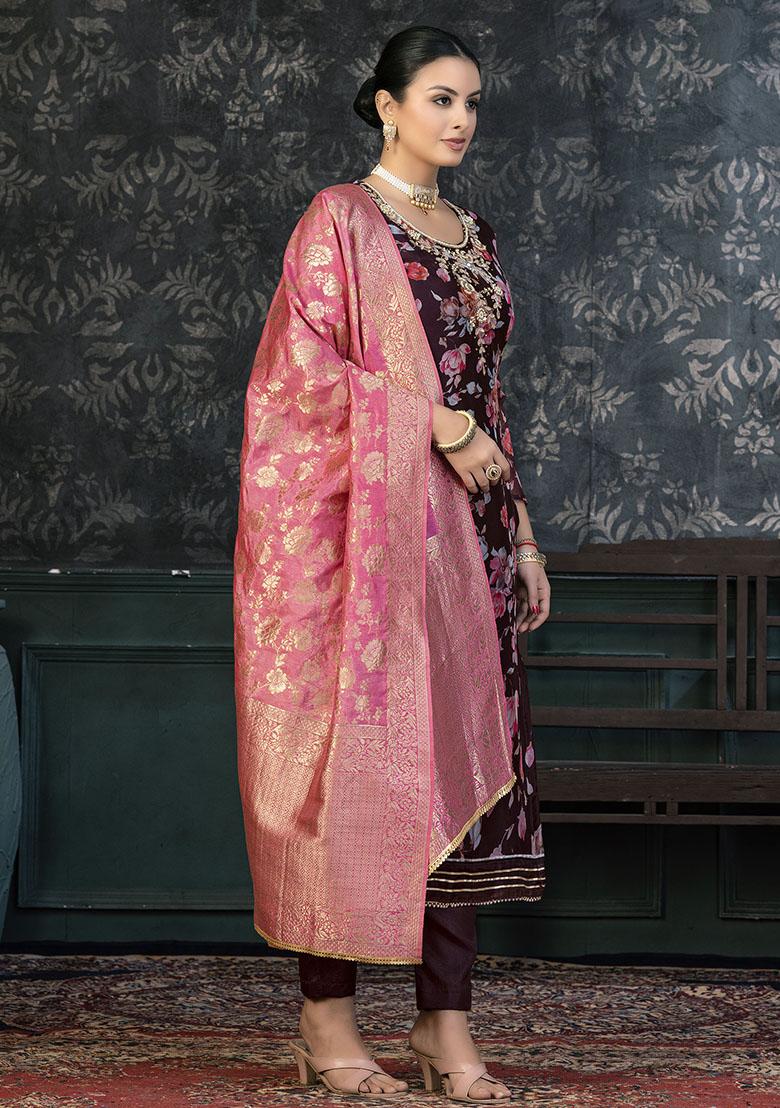 Wine Striped Cotton Dress Material