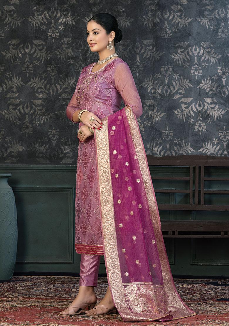 Onion Pink Embroidered Modal Dress Material