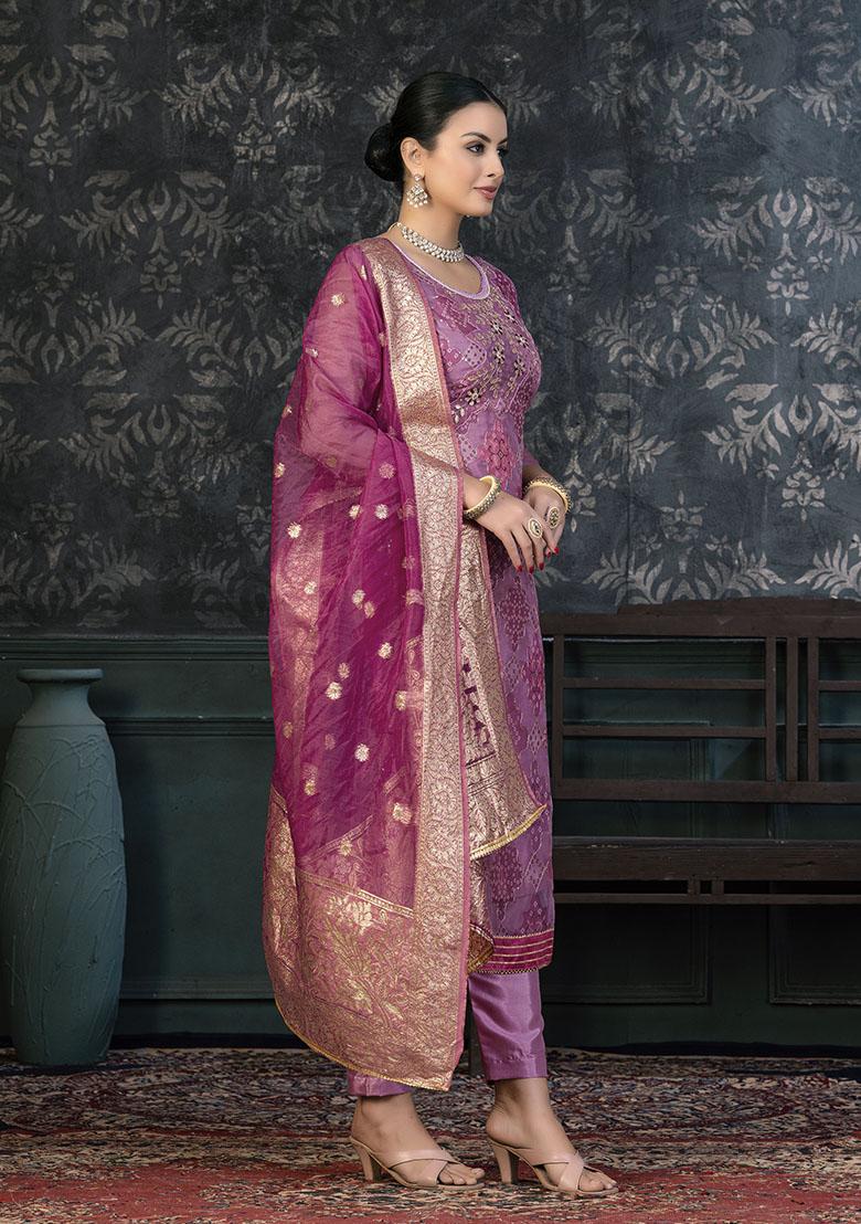 Onion Pink Embroidered Modal Dress Material