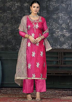 Cream Printed Chanderi Dress Material