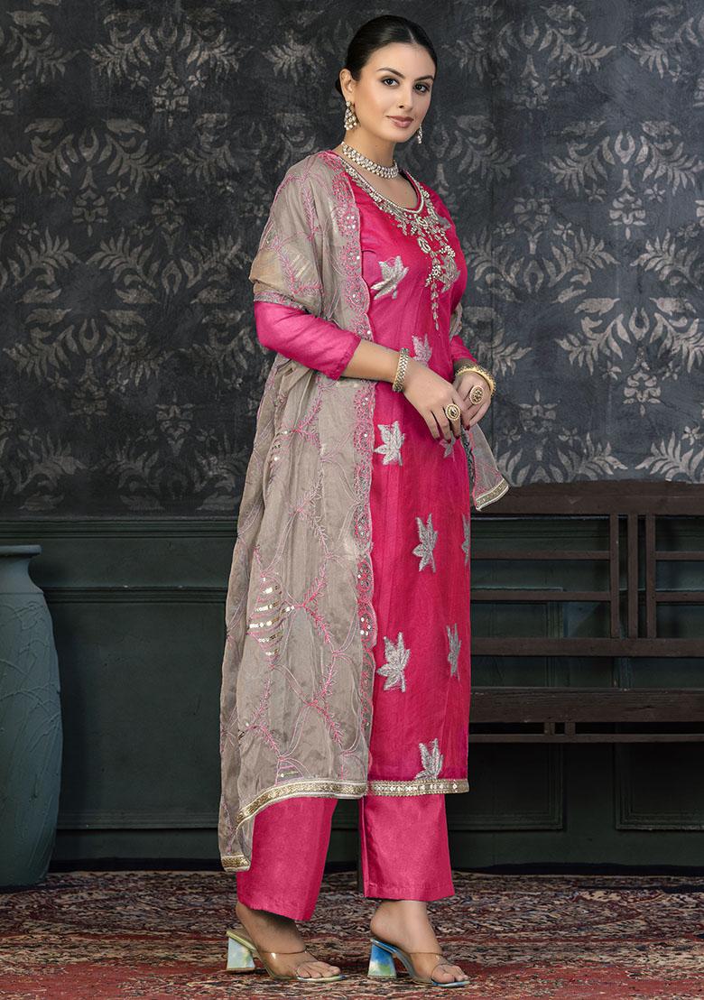 Cream Printed Chanderi Dress Material