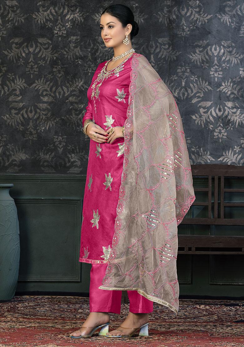 Cream Printed Chanderi Dress Material