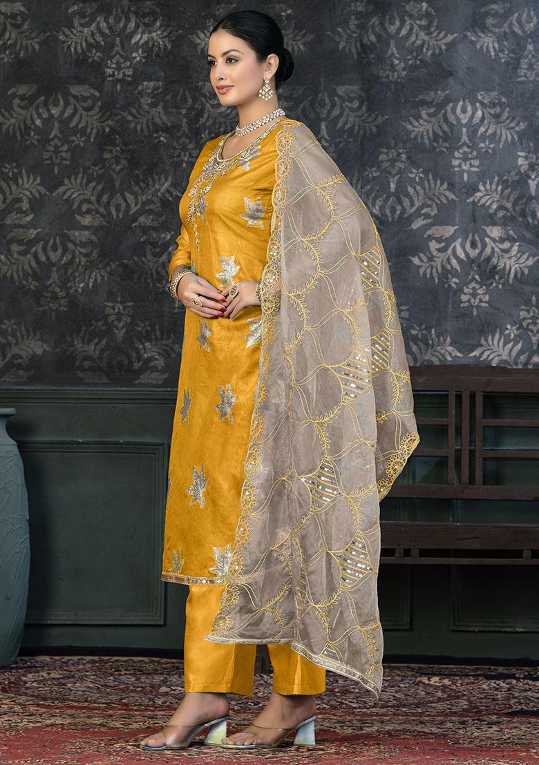 Cream Printed Chanderi Dress Material