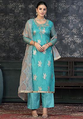 Turquoise Blue Printed Chanderi Dress Material