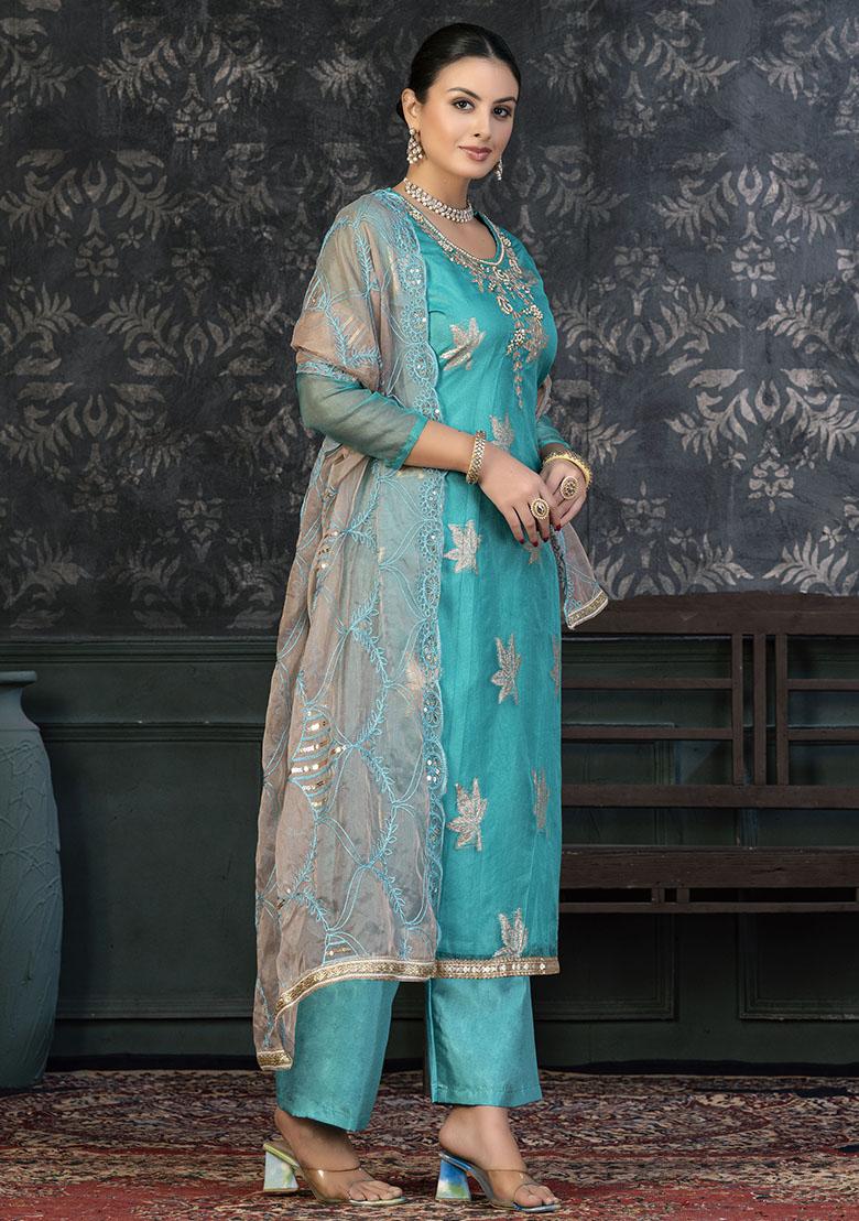 Turquoise Blue Printed Chanderi Dress Material
